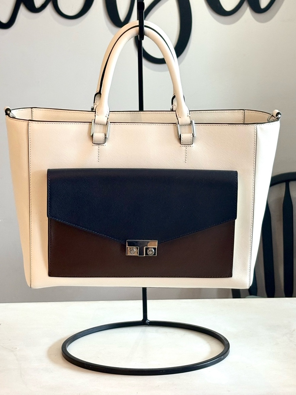 Tory Burch Cream Tote with Navy Flap & Brown Pocket